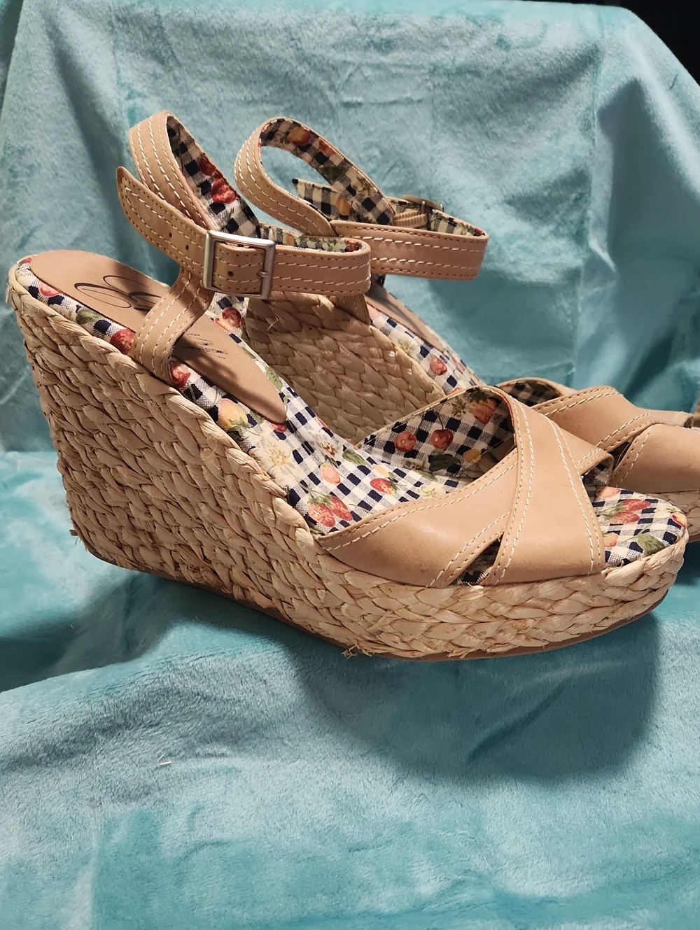 Women's Tan Wedge Sandals with Ankle Strap